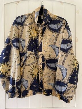 Vintage coAco Bomber Jacket 100 % Silk Lightweight Front Zip Sun Moon Pattern M